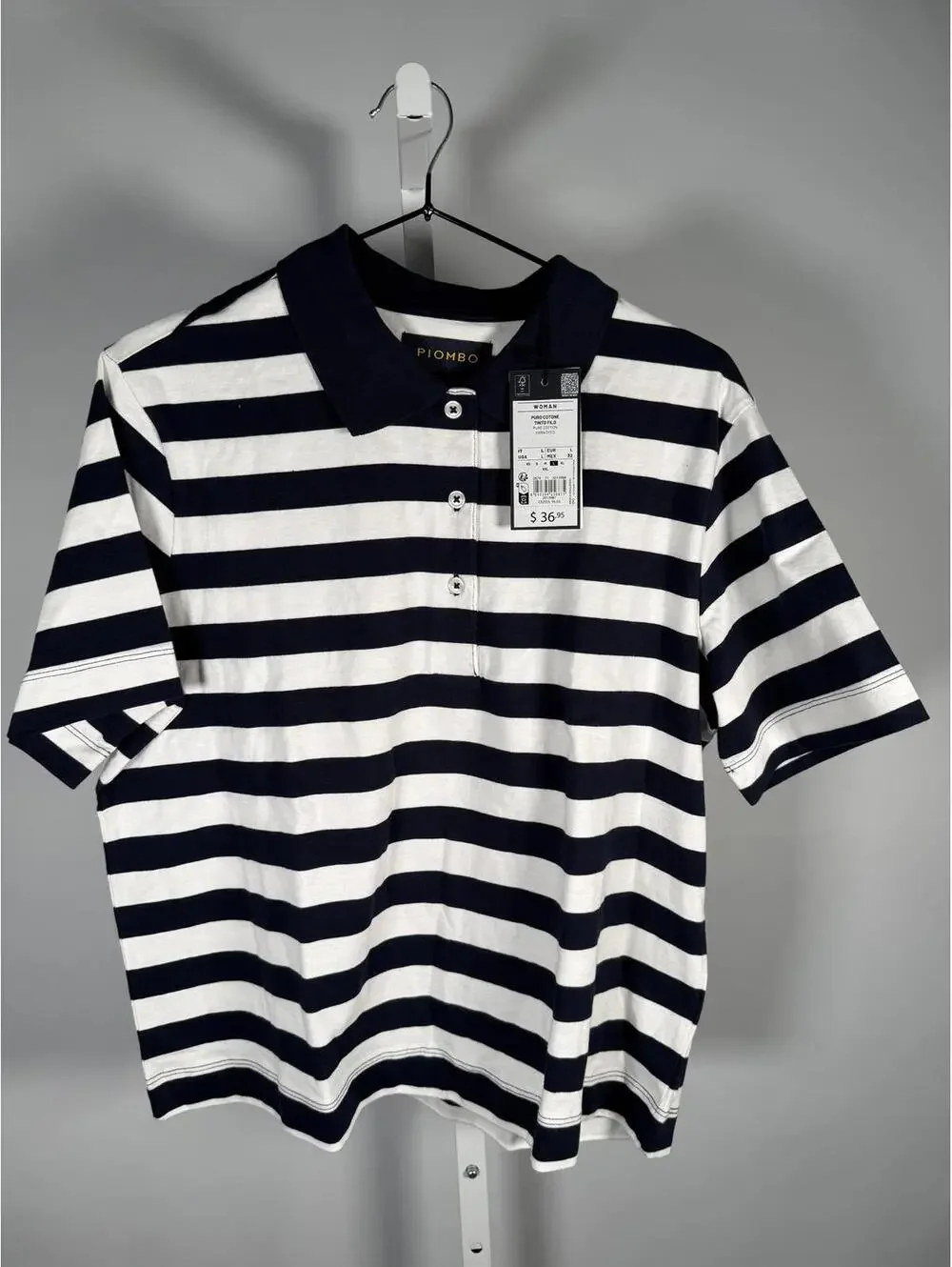 NWT Piombo White Blue Striped Polo Shirt Women's Size Large - Picture 4 of 10